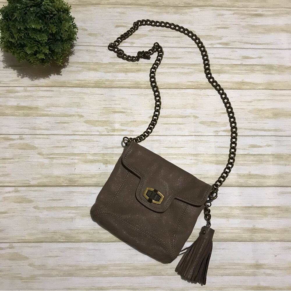 Ann Taylor Brown Gray Leather Metallic Fringe Tassel Chain Shoulder‎ Bag Purse
